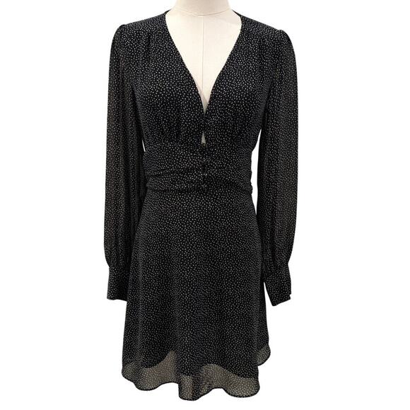 Reset by Jane Black Polka Dot Long Sleeve Mini Dress V Neck Fit Flare Boho Fall - Picture 1 of 11